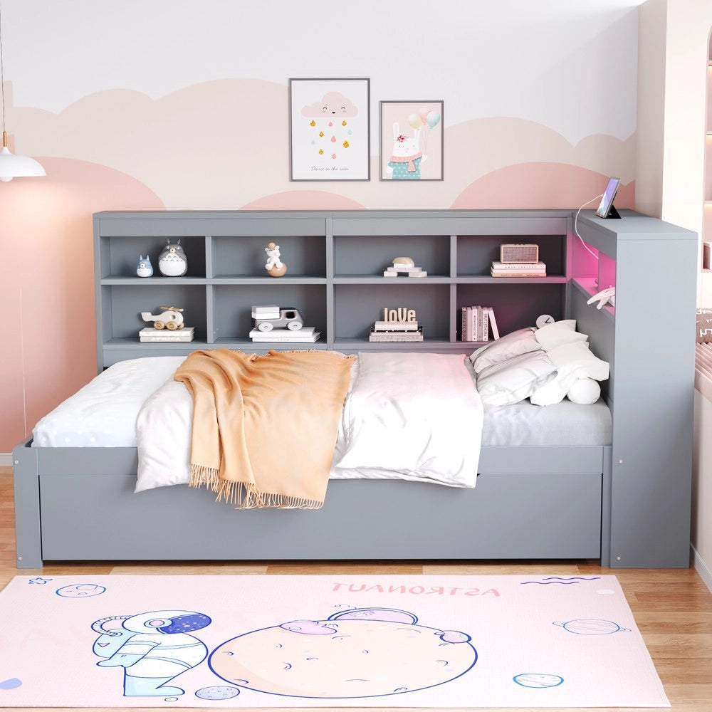 Letto Matrimoniale in Legno Massello con Cassetti e LED ¨C MINIMAL ¨C Grigio 140x200