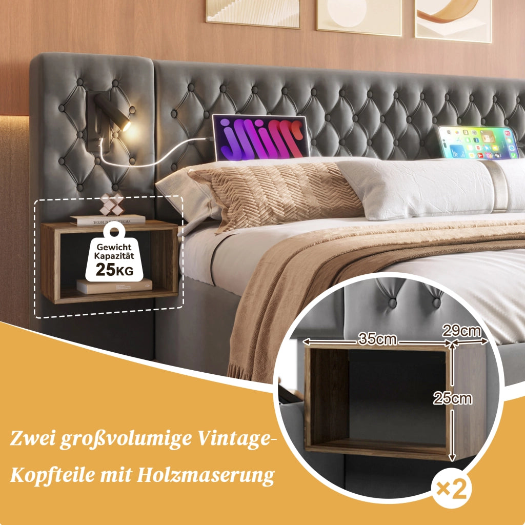 LETTO Contenitore 160x200 cm in velluto grigio con 2 comodini, 4 cassetti e ricarica USB/Type C