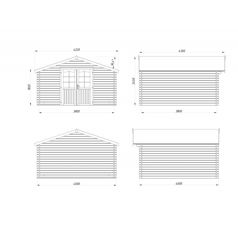 Casetta da giardino in legno 400x400 cm, pareti 28 mm grezze con porta doppia vetrata, per deposito attrezzi e arredo esterno - Esterni da Vivere