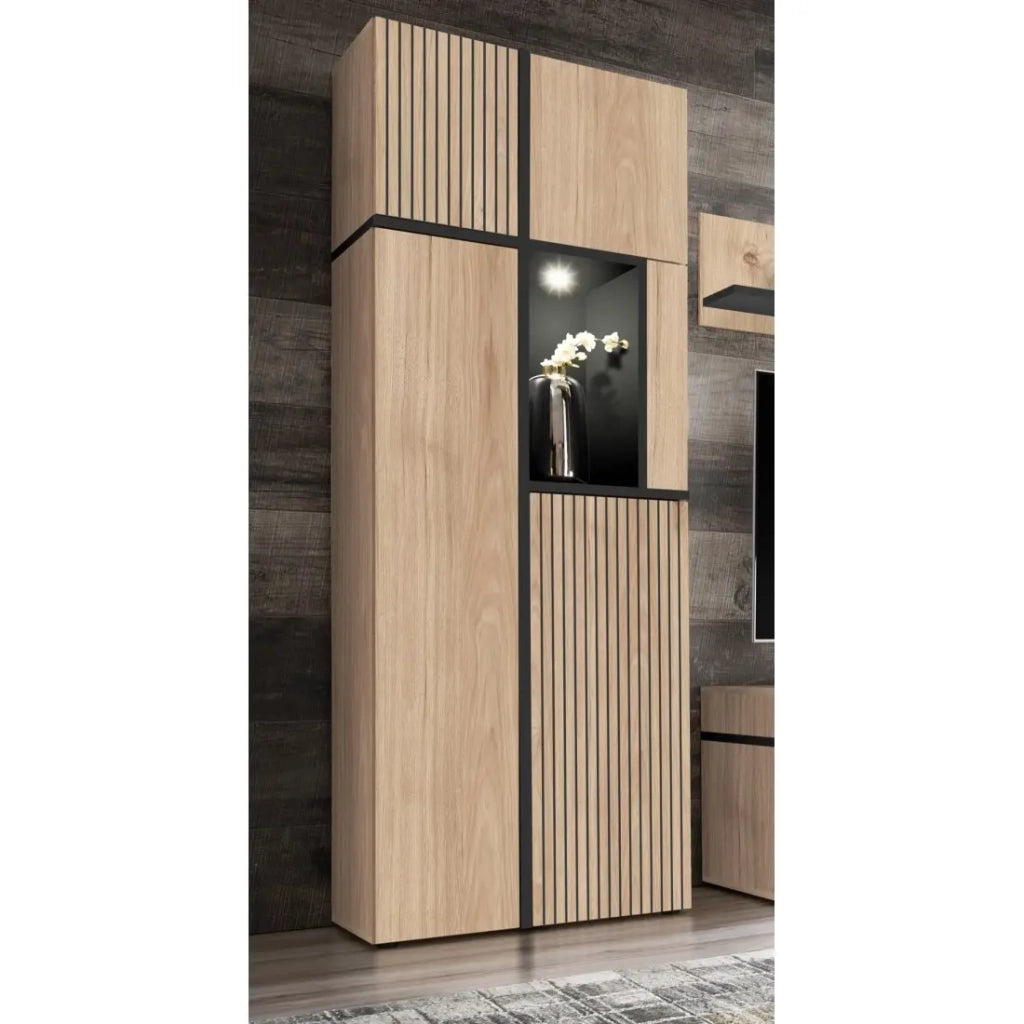 Vetrina CRISS – Legno e metallo – Rovere chiaro e nero – Con LED