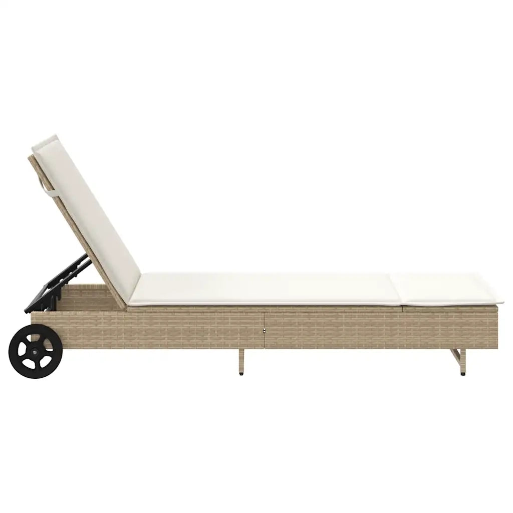 Lettino Prendisole con Ruote e Cuscino in Polyrattan Beige 4104037