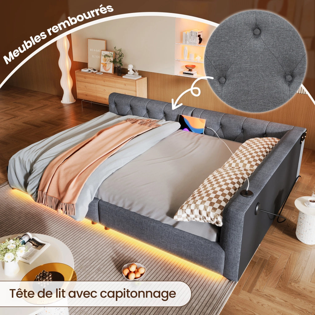OKWISH Letto Divano 140×200 cm, Letto Matrimoniale con USB, Type C e LED Regolabile, senza Materasso, in Lino, Grigio