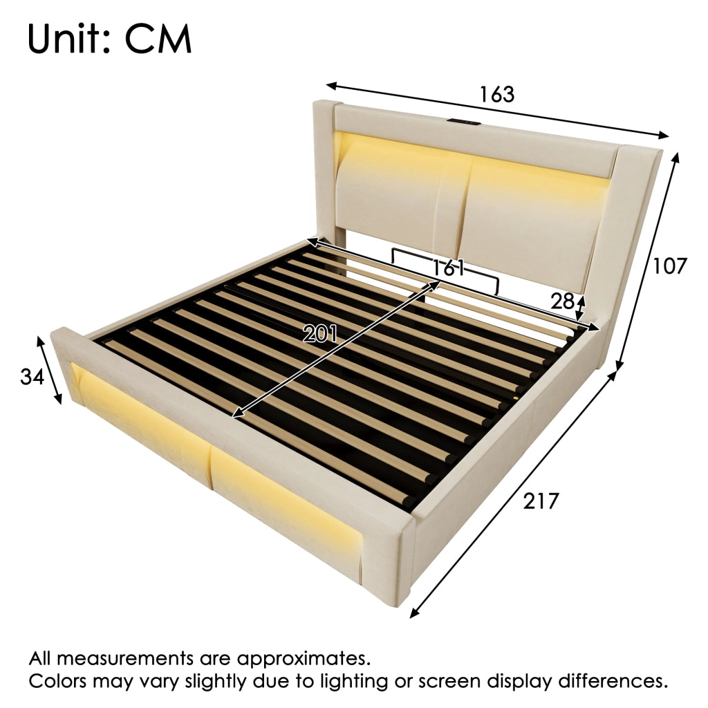 LETTO Contenitore 160x200 cm in velluto beige con LED e porte USB