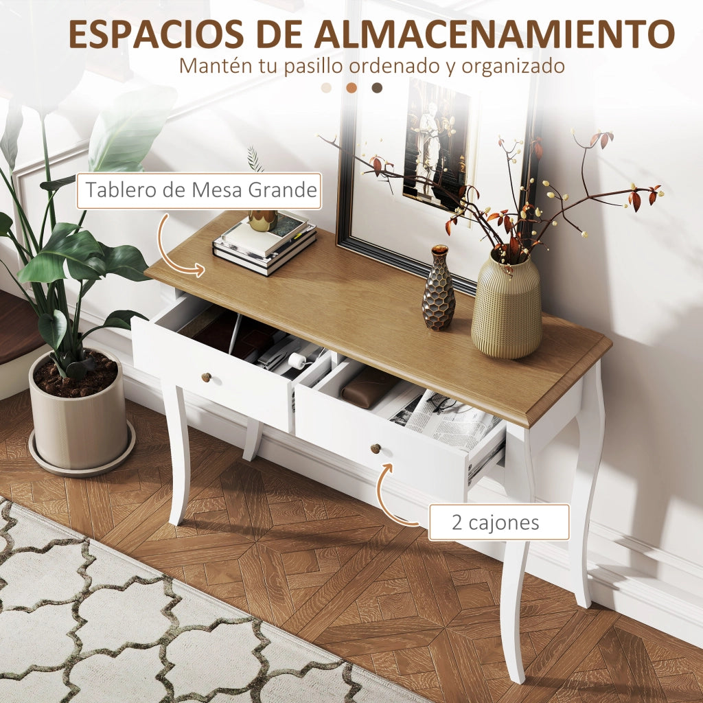 Tavolo console con 2 cassetti ¨C zephmum ¨C 100x35x76.5 cm bianco e marrone scuro
