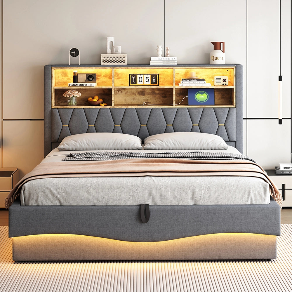 Letto-Xylo-180x200 cm-LED app, USB, metallo, lino grigio