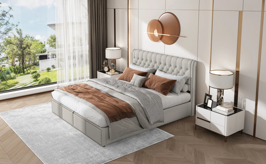 DESMIU Letto Contenitore 180 × 200 cm 2 posti con vano contenitore, senza materasso, in lino, grigio