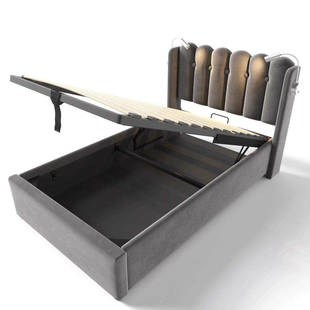 Letto singolo in velluto grigio con luce da lettura, USB e contenitore