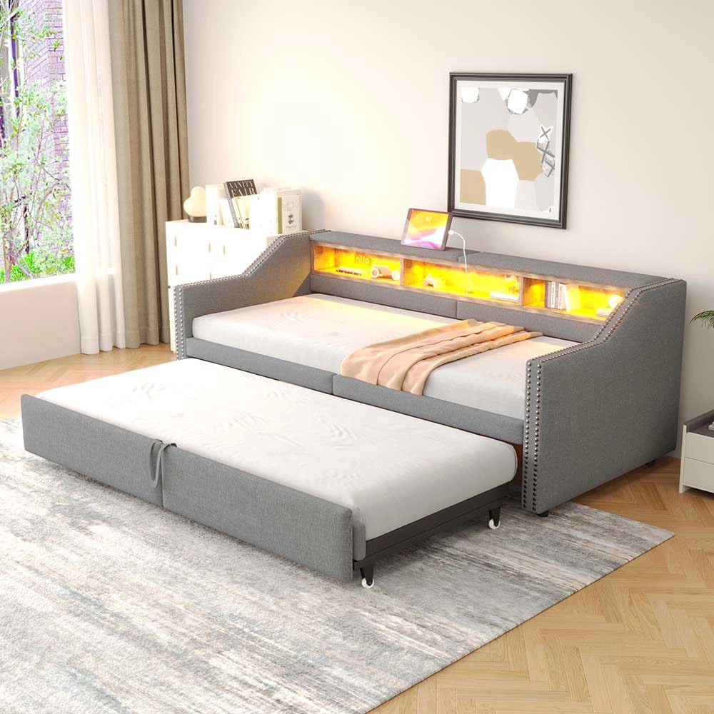 Divano letto - Xylo - 90x200 cm LED USB contenitore grigio chiaro