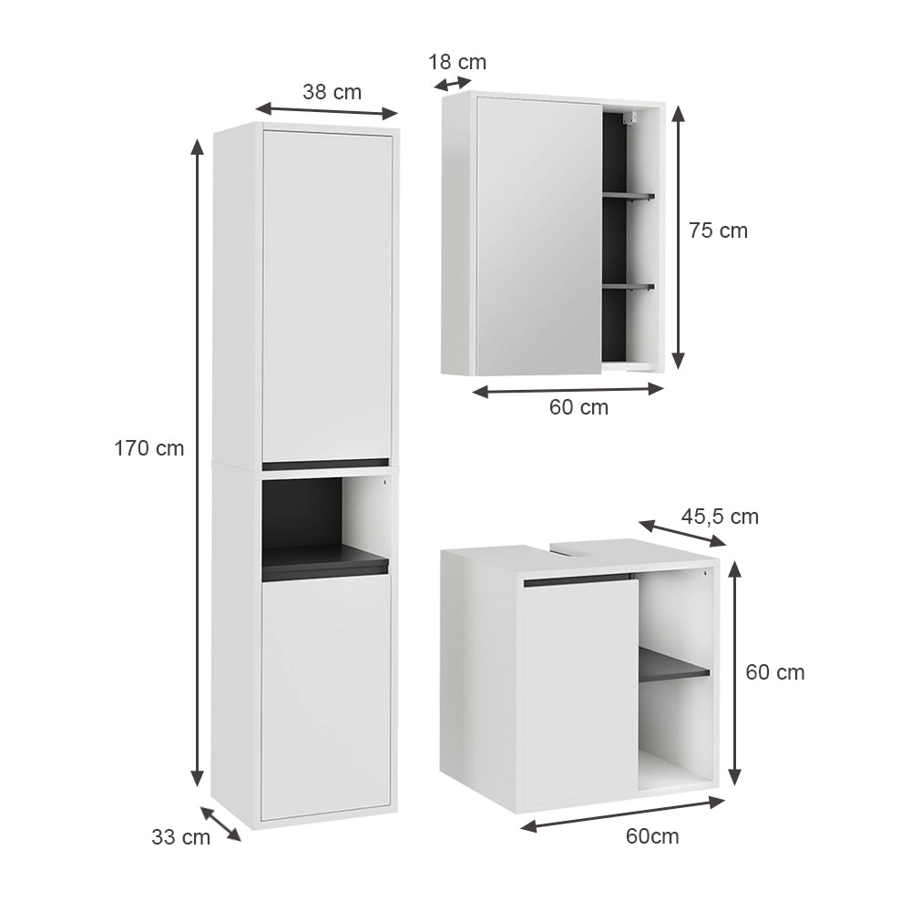 Vicco Set di mobili da bagno Bianco/Grigio 3 parti