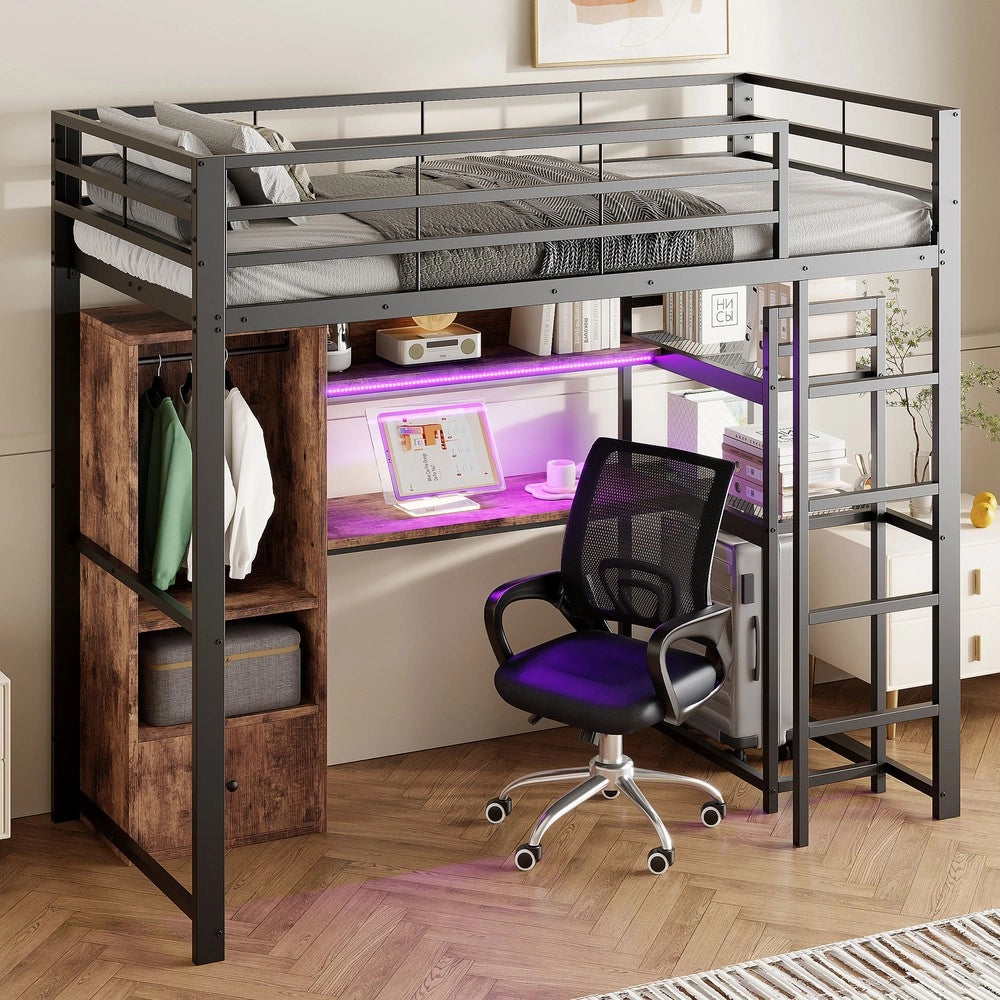 Letto a Soppalco con Scrivania e LED ¨C MINIMAL ¨C Metallo Nero 90x200, Cassetti, Rete a Doghe