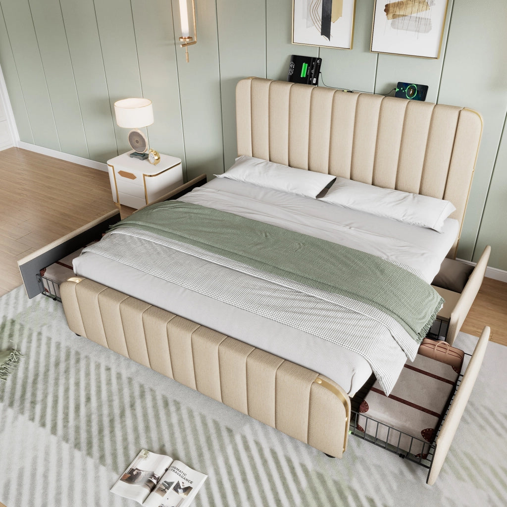 LETTO matrimoniale 140x190 cm beige in lino con 4 cassetti e USB Type-C