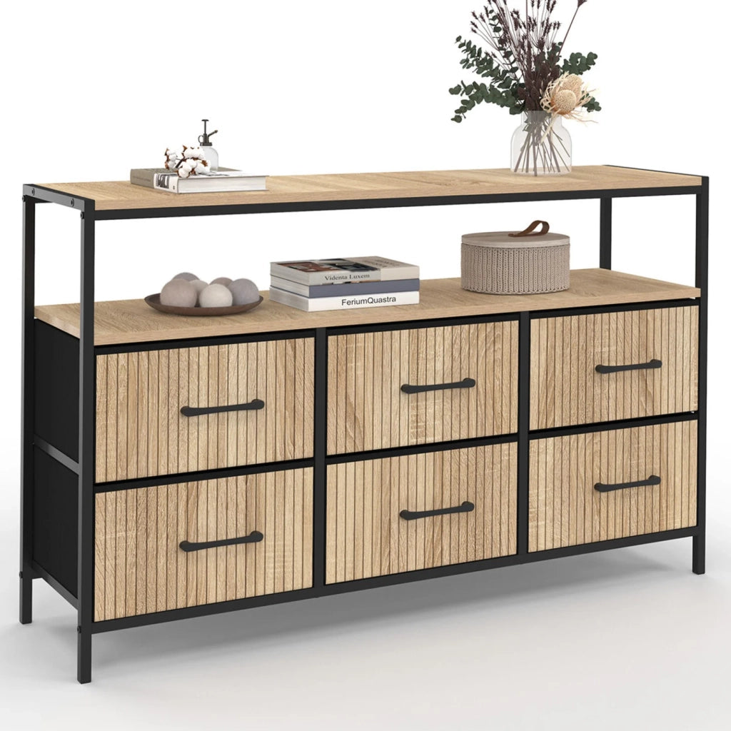 IDMarket - UTAH 115 CM Cassettiera in tessuto a 6 cassetti con effetto doghe in nicchia, mobile contenitore di design industriale