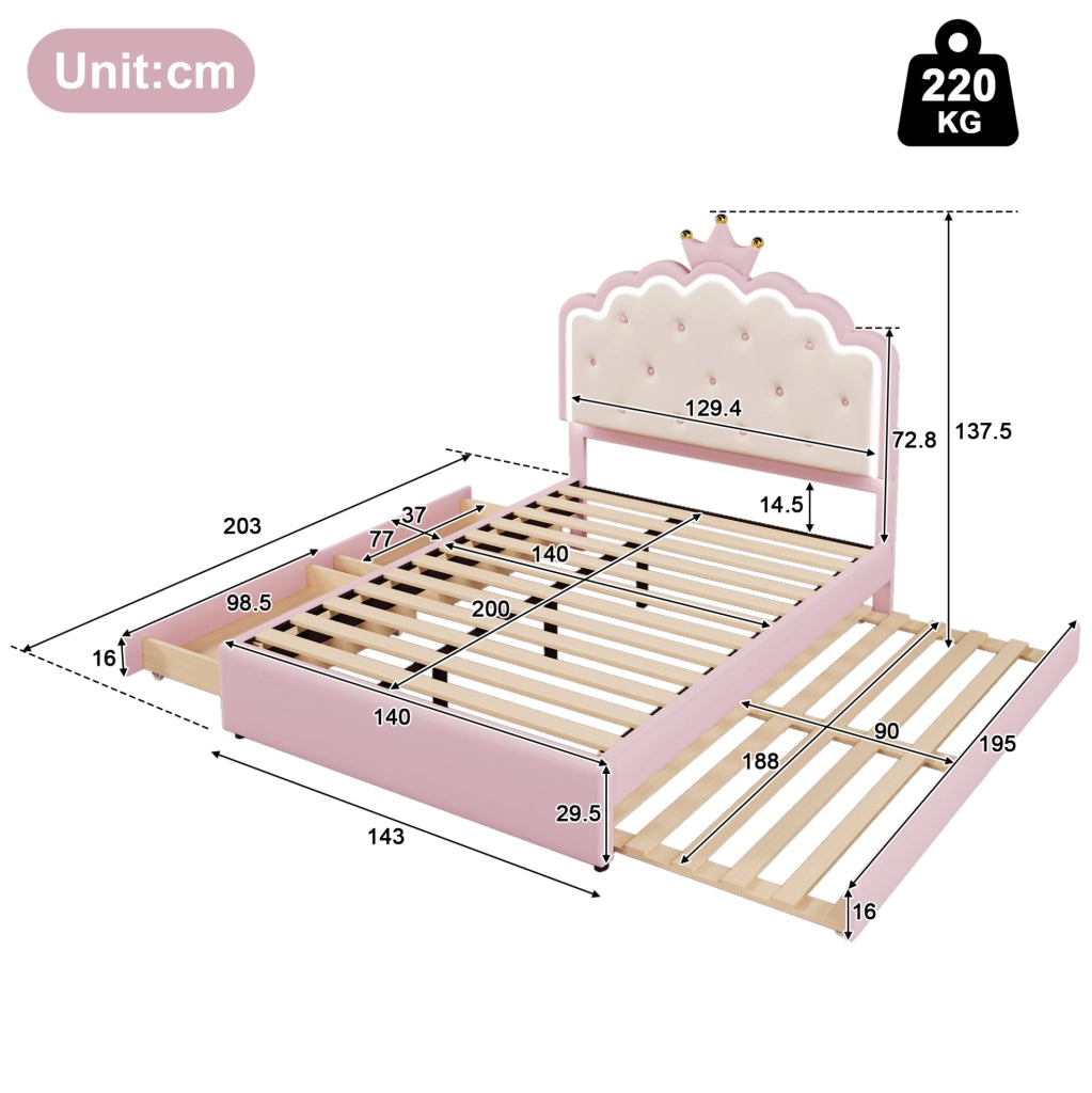 Letto imbottito per bambini 140x200 cm con rete, luce LED e cassetti