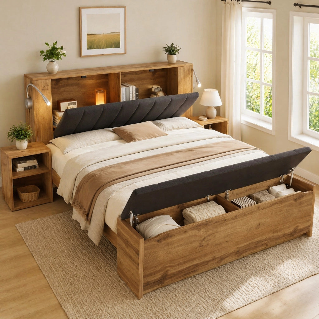 LETTO matrimoniale 160x200 cm legno rovere con lampade USB e comodini