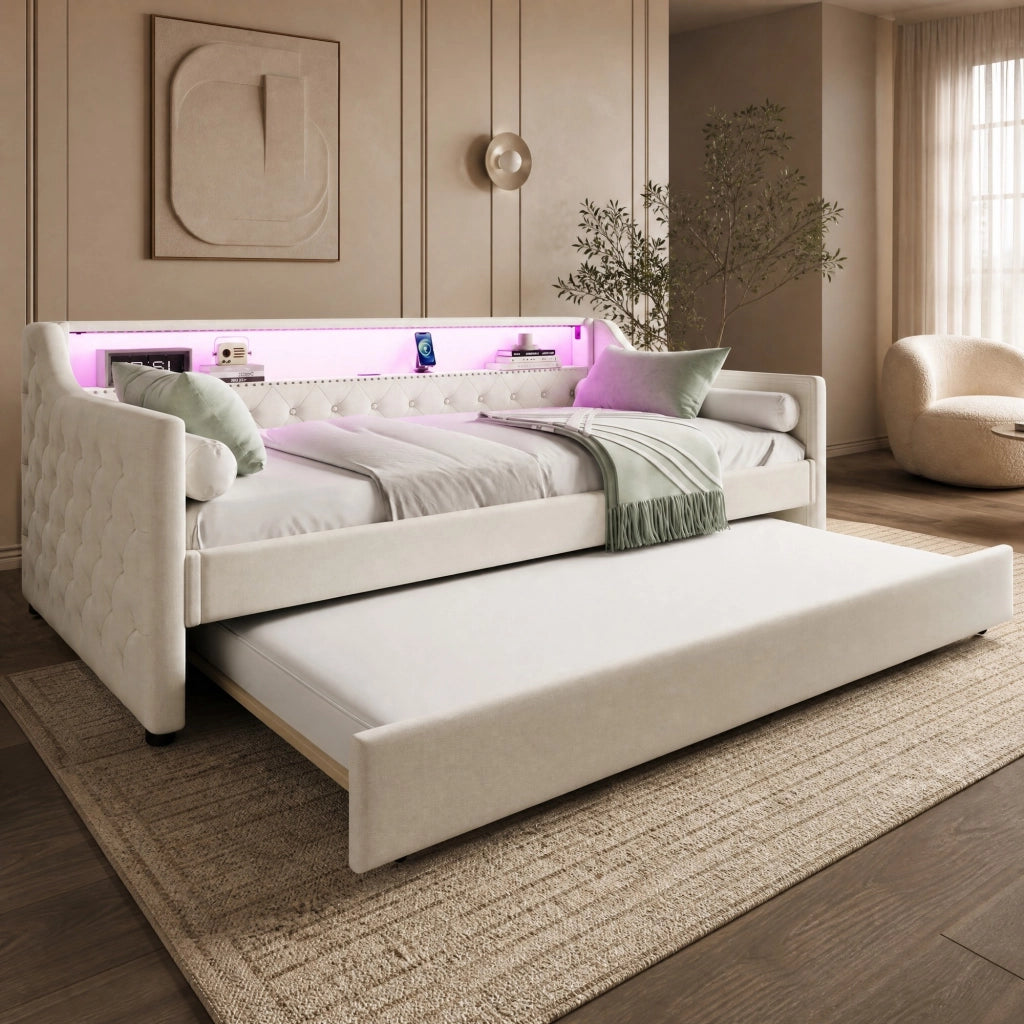 LETTO Divano letto estraibile 90x200 cm Lino Beige con LED e USB