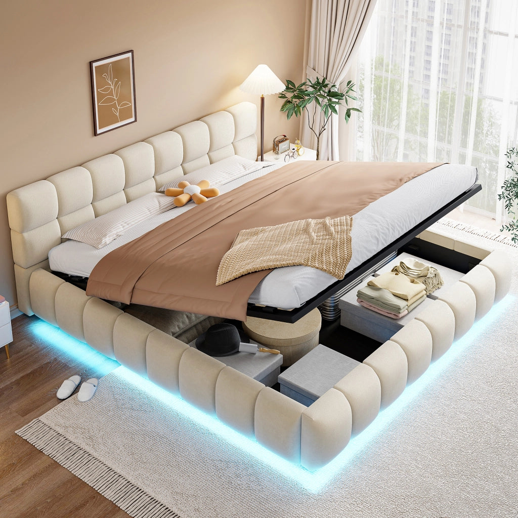 Letto imbottito 180x200 LED idraulico velluto beige