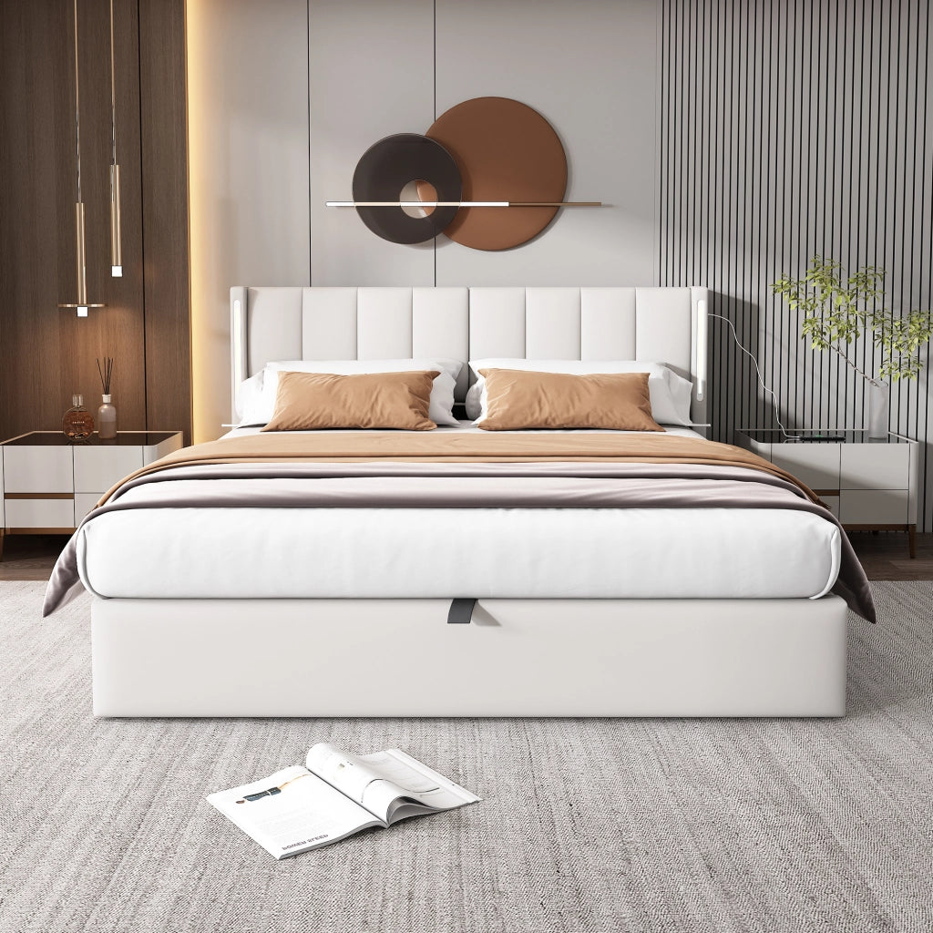 LETTO con contenitore 180x200 cm PU bianco con USB e LED
