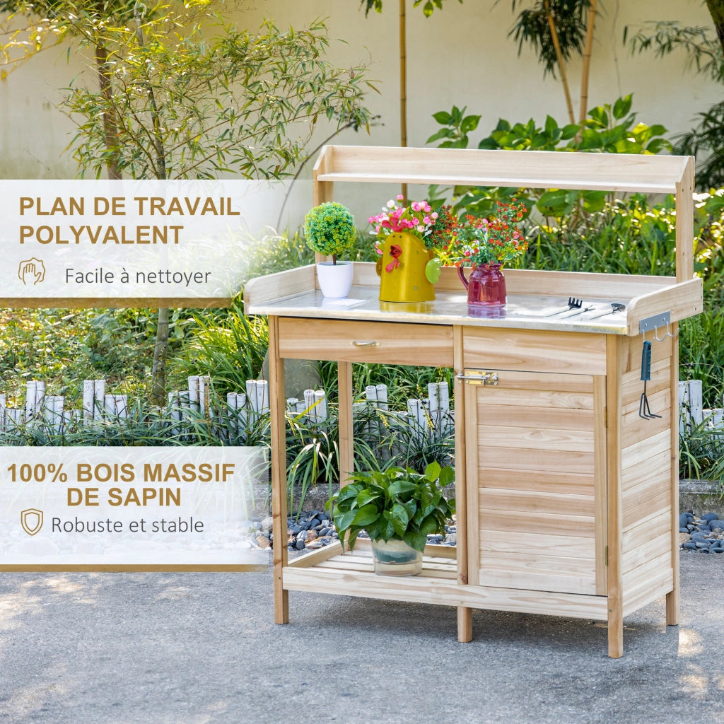 Tavolo da giardino in legno con 2 ripiani, cassetto e armadietto ¨C Minimal ¨C 90x60x80 cm