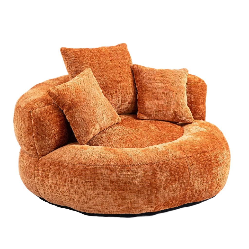 Poltrona sacco per adulti in ciniglia arancione con schienale ergonomico; 108x108x52 cm