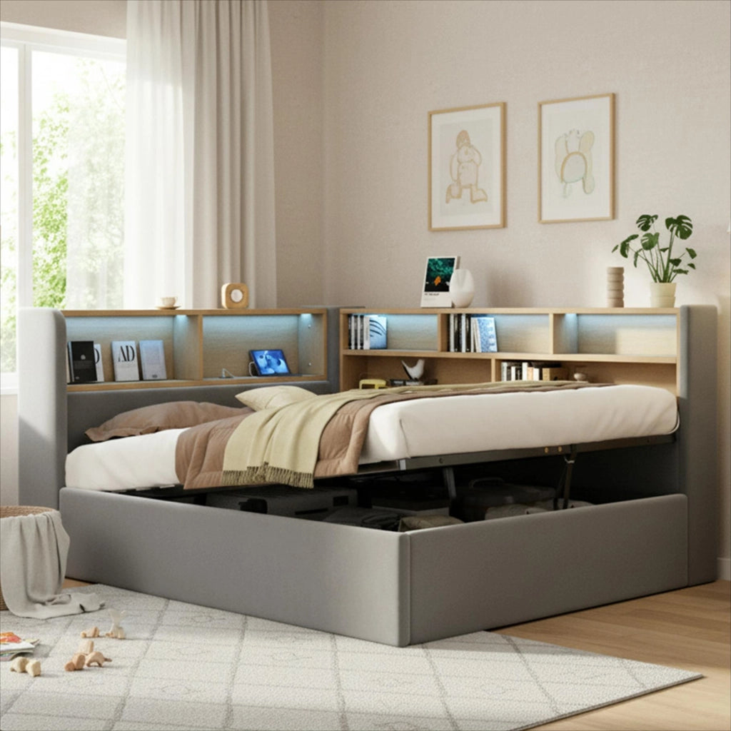 LETTO 140x200 cm con contenitore idraulico, velluto grigio