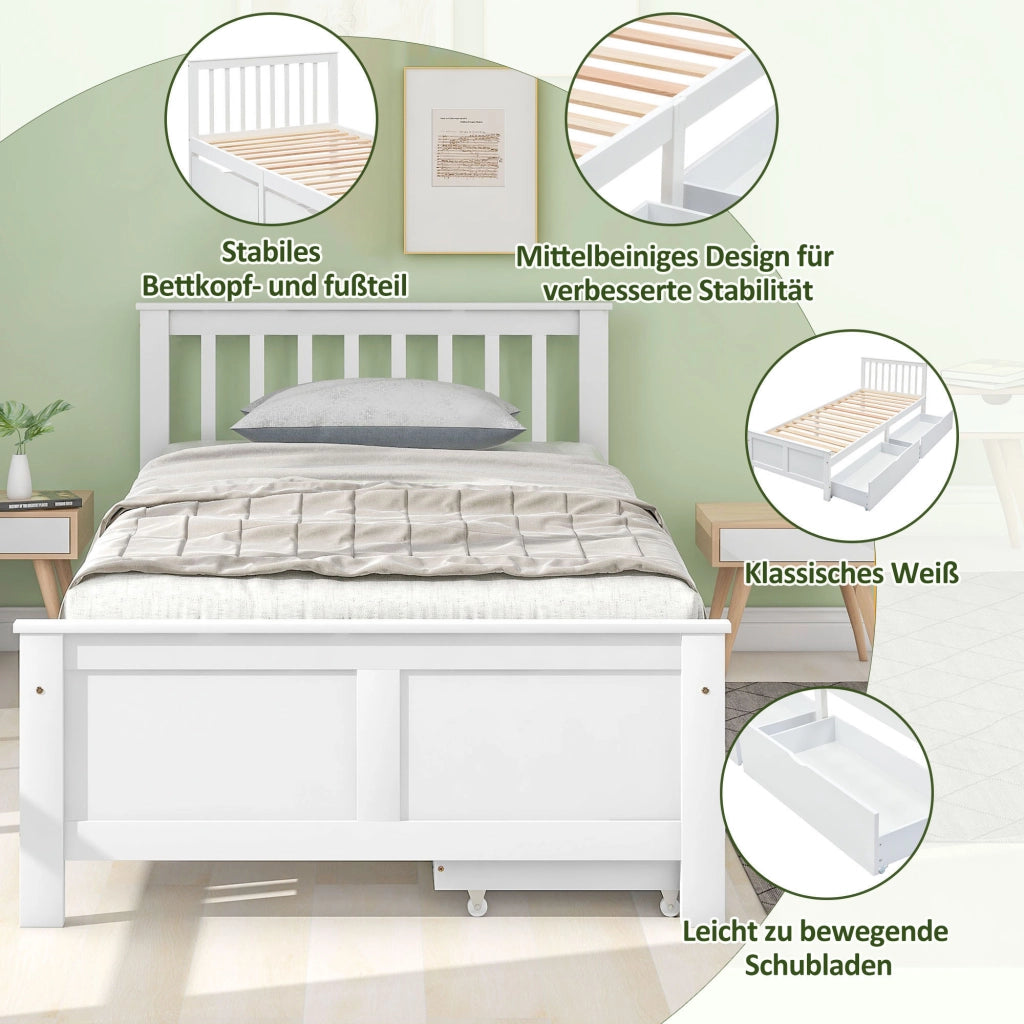 LETTO Singolo 90x200 cm con cassetti contenitori Bianco