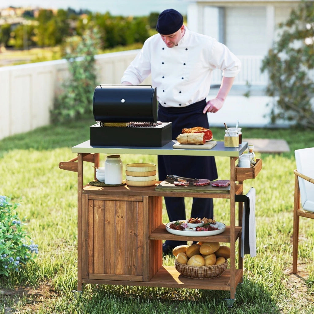 Carrello barbecue in legno con spazio di conservazione isola da cucina esterna, Carrello con 3 ripiani aperti e mobile