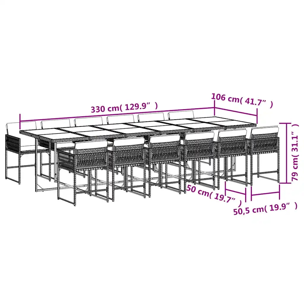 Set da Pranzo da Giardino 13pz con Cuscini Grigio in Polyrattan