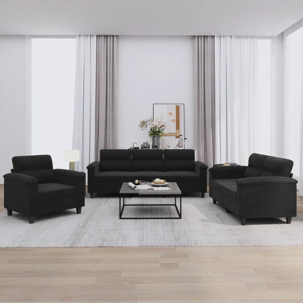 Set Divani 3 pz con Cuscini Nero in Tessuto Microfibra