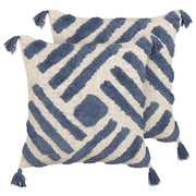 Set di 2 cuscini decorativi cotone beige e blu 45 x 45 cm motivo geometrico nappe rivestimento sfoderabile con imbottitura boho