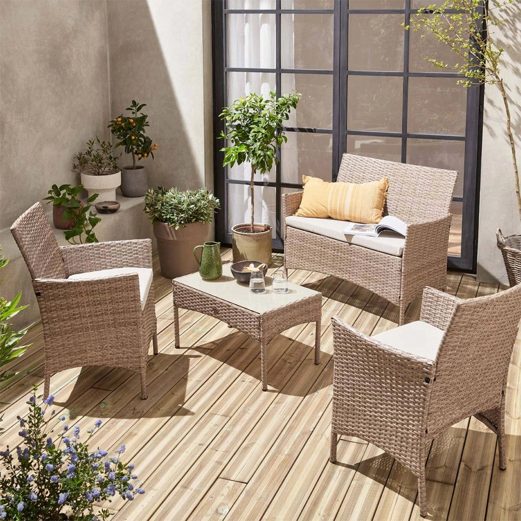 Salotto da giardino in resina intrecciata, 4 posti, marrone naturale