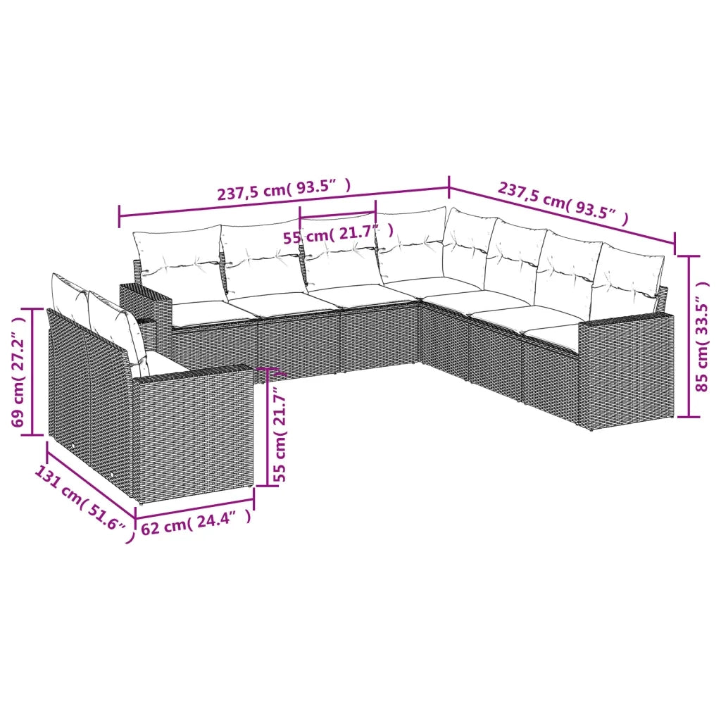 Set Divani da Giardino 9 pz con Cuscini Nero in Polyrattan 3251482