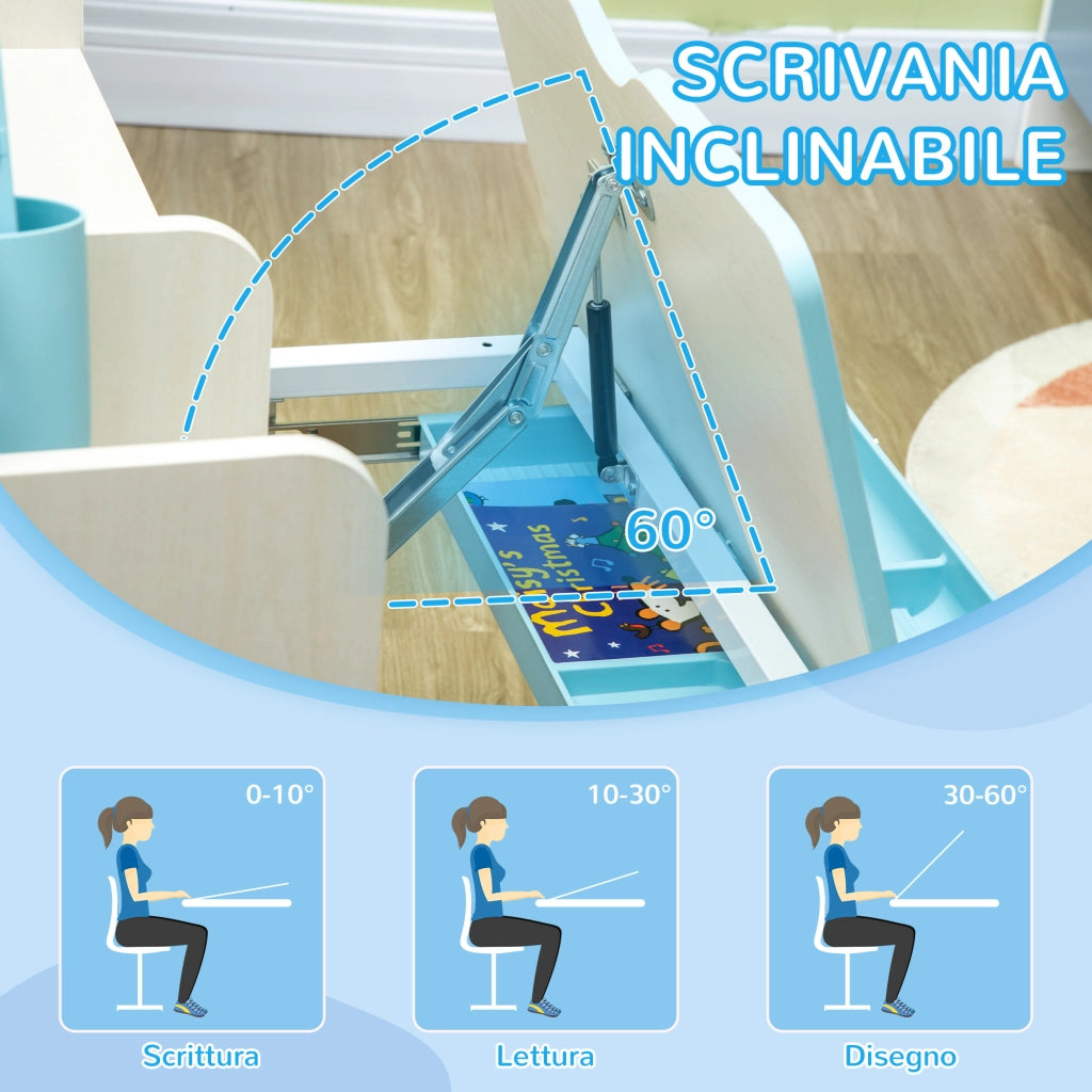 Scrivania per Bambini Regolabile con Cassetto e Ripiani ¨C zephmum ¨C Blu