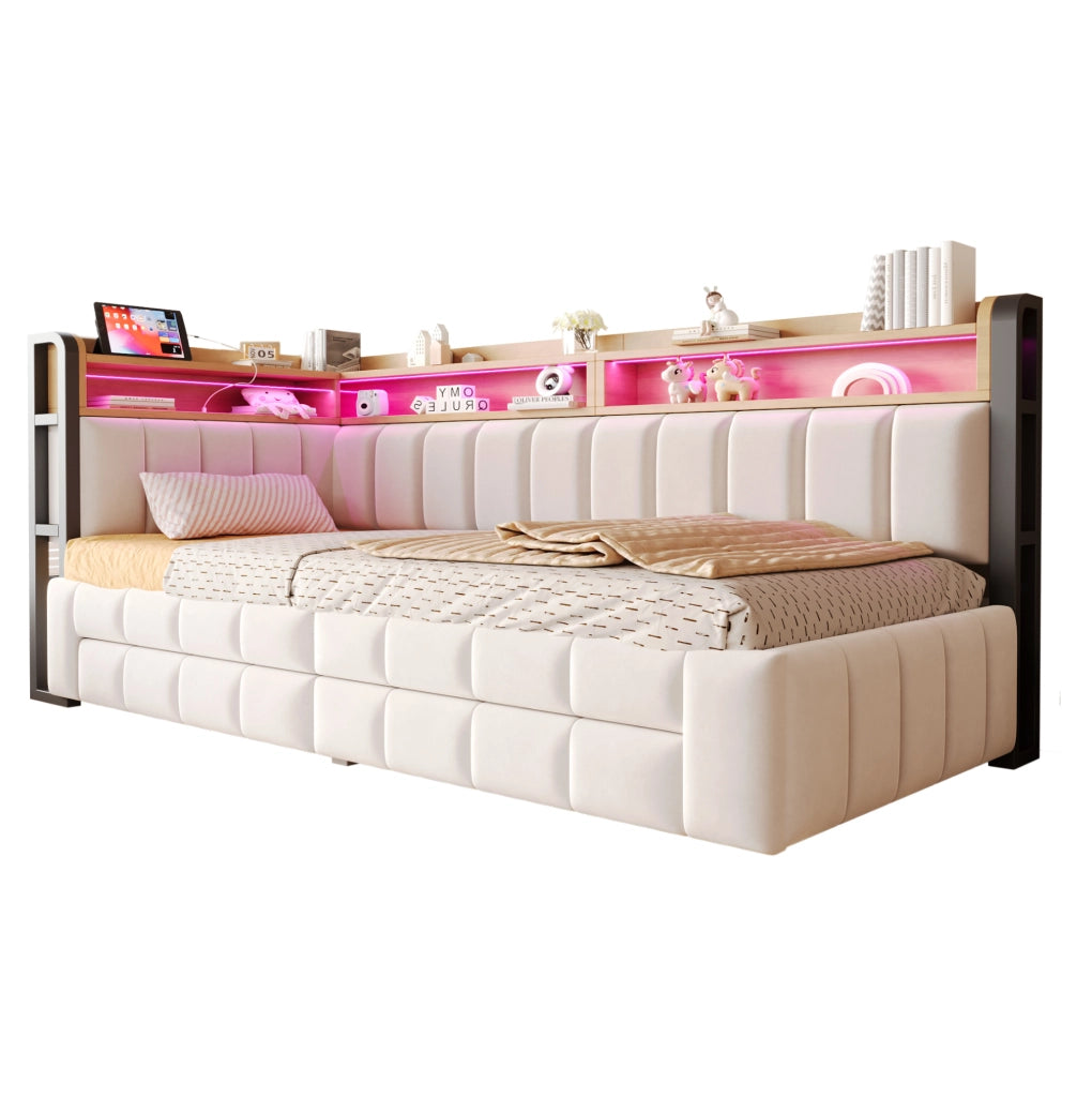 Divano letto imbottito 90/180x200 cm in velluto beige con LED; USB; Type-C e cassetti