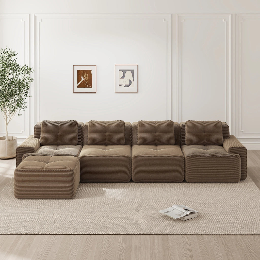 Divano Modulare Chaise Longue 4 Posti ¨C MINIMAL ¨C Velluto a Coste, Marrone
