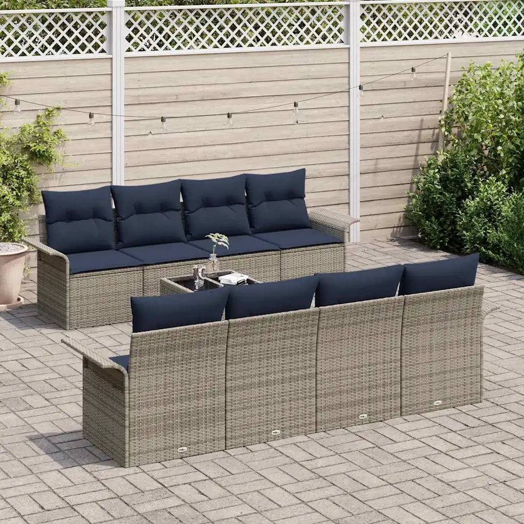 Set Divano da Giardino 9 pcs Grigio e Blu Navy polyrattan 3353964