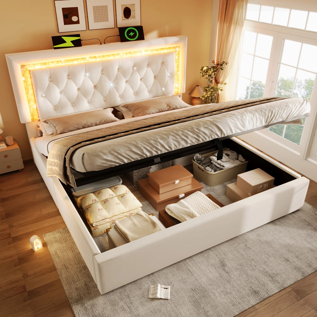 LETTO contenitore 160x200 cm in velluto beige con LED, USB e USB-C