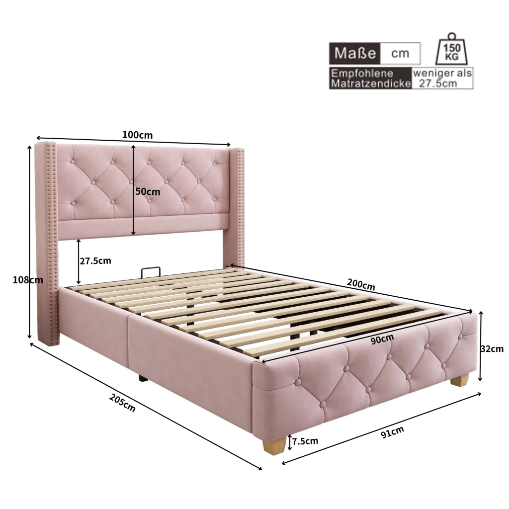 LETTO imbottito 90x200 cm in velluto rosa con testiera