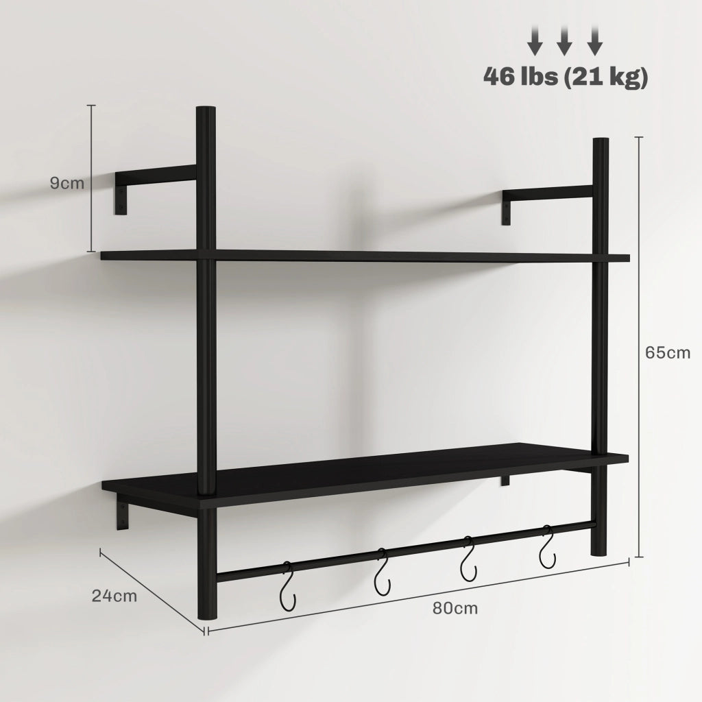 Scaffale a Parete 2 Livelli con 4 Ganci ¨C Minimal ¨C 80x24x65 cm Nero