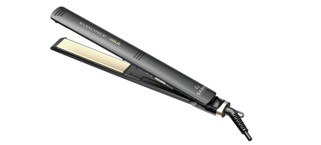 GA.MA Piastra Elegance Gold: trafile larghe in ceramica e olio d'argan oro fluido, ceramica ion, effetto liscio o mosso a lungo, riscaldamento istantaneo, temperatura ideale fissa, pulsante chiudi piastra