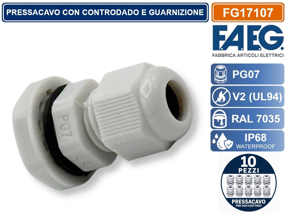 CONFEZIONE 10 PEZZI FAEG FG17107 PRESSACAVO IN NYLON PASSO PG7 GRIGIO RAL 7035 IP68