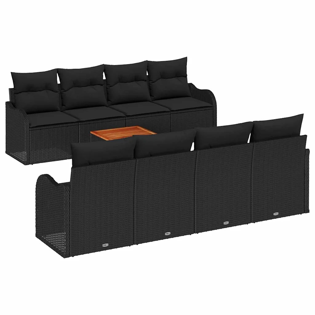 Set Divano da Giardino con cuscino 9 pcs Nero polyrattan