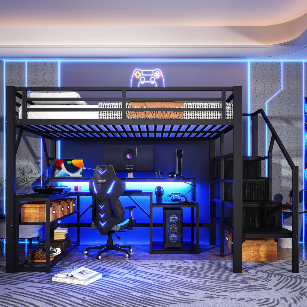 Letto castello 140x200 ferro scala ringhiere LED scrivania USB nero
