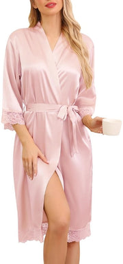 Badjas Unisex Zijde Kamerjas con V-hals per Spa e Hotel, Rosso, XL