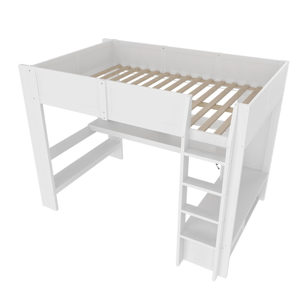 Letto a Soppalco con Scrivania e LED ¨C MINIMAL ¨C Bianco 140x200 con Cassetti e Ripiani
