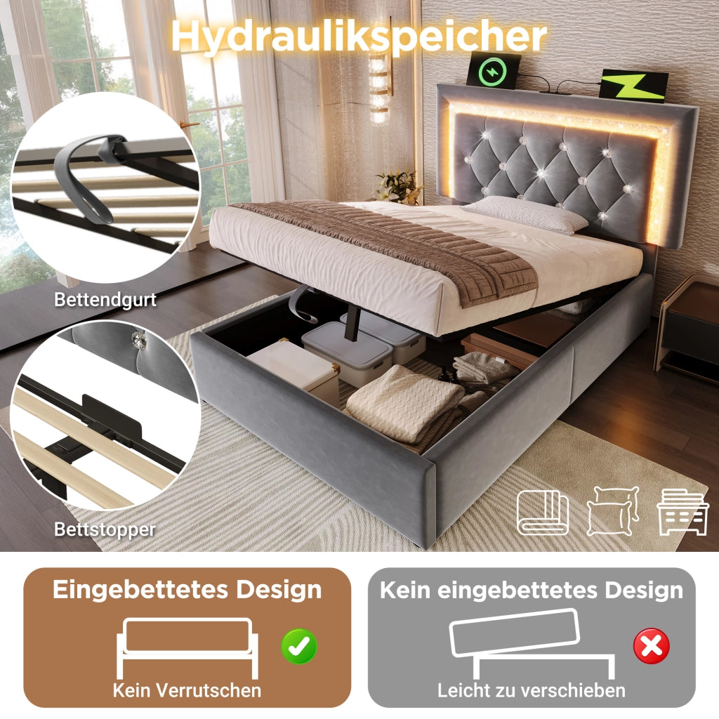 LETTO singolo 90x200 cm in velluto grigio con LED, USB e contenitore