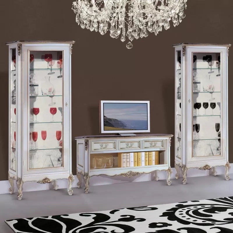 Parete attrezzata classica legno shabby bianco argento - Mobili 2G