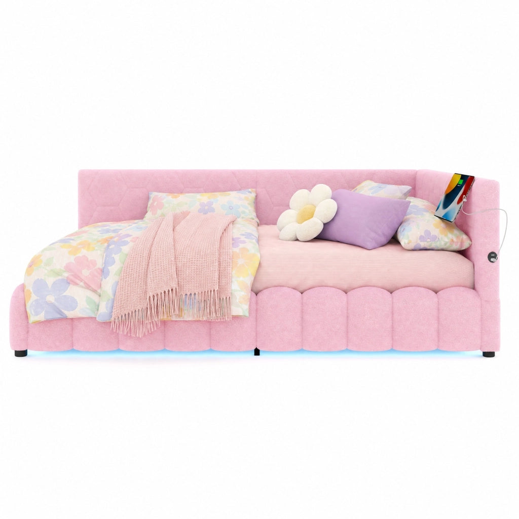 Daybed 140x200 cm con rete a doghe, contenitore idraulico, LED, USB e Type-C, rosa