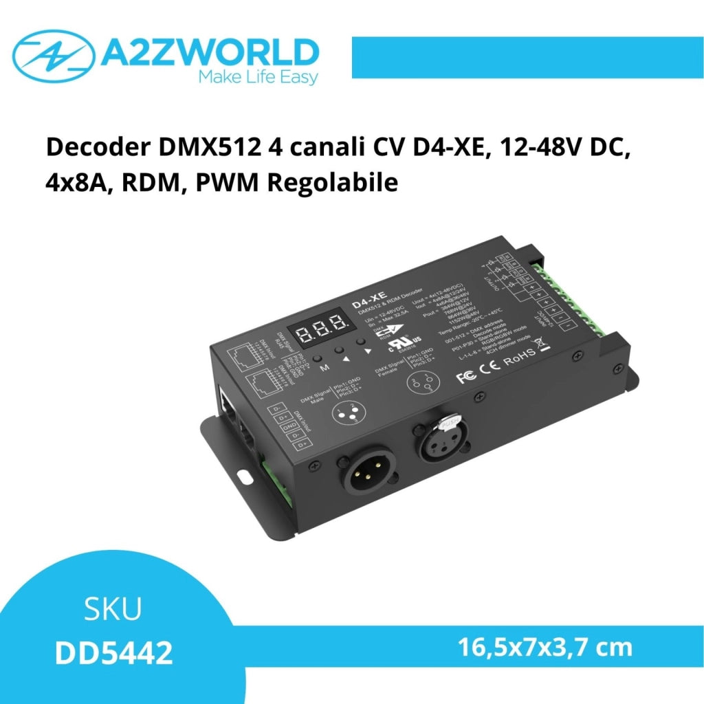 Decoder DMX512 CV D4-XE 4 Canali, 12-48V DC, 4x8A, RDM, PWM Regolabile