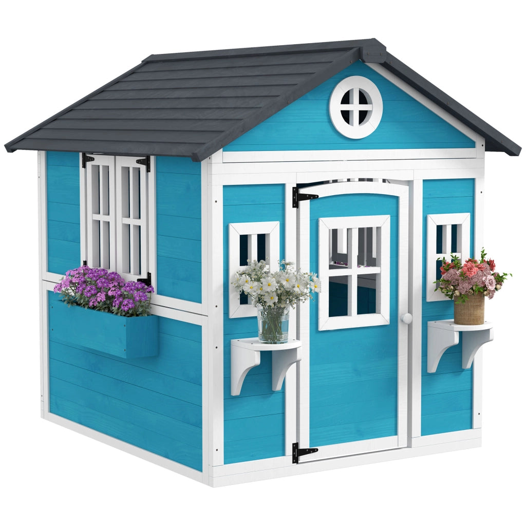 Casetta per bambini in legno ¨C Minimal ¨C Blu, con finestre e vasi