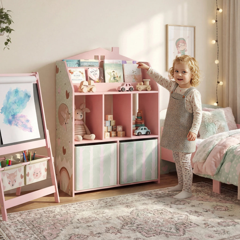 Libreria per bambini con 2 cassetti in tessuto ¨C Minimal ¨C MDF, rosa